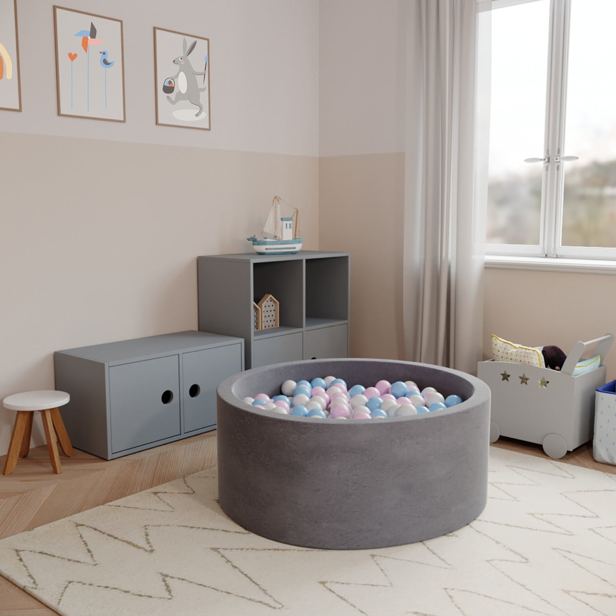 Ezzro Round Ball Pit - Velvet Silver - 90X40 W100 Balls (White, Baby Blue, Baby Pink, Pearl)
