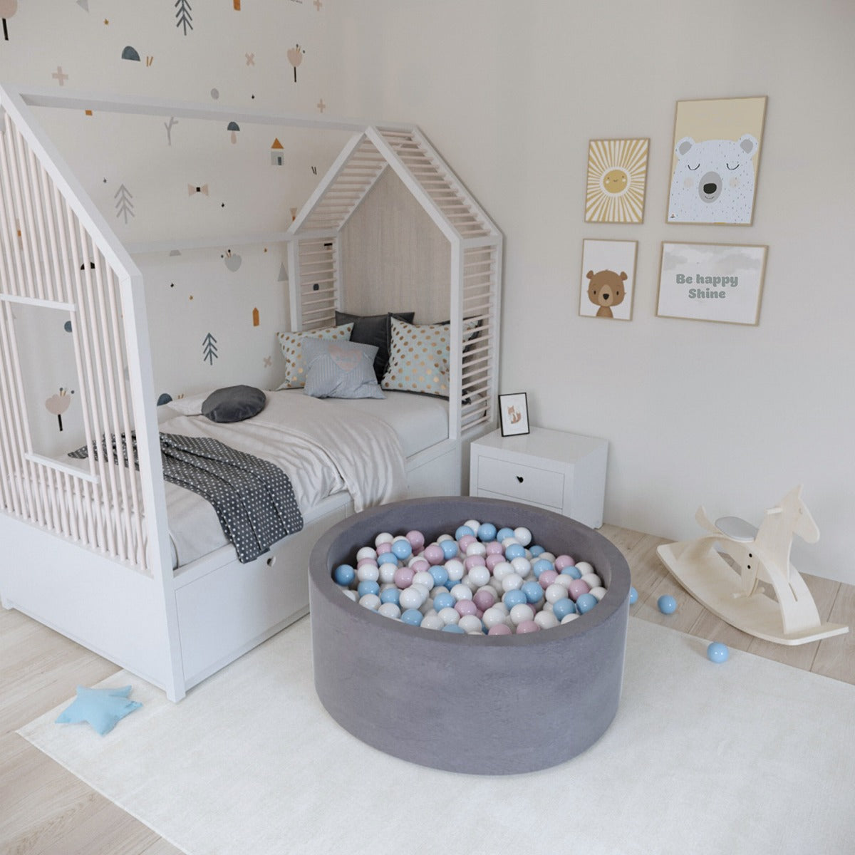 Ezzro Round Ball Pit - Velvet Silver - 90X40 W200 Balls (White, Baby Blue, Baby Pink, Lime)