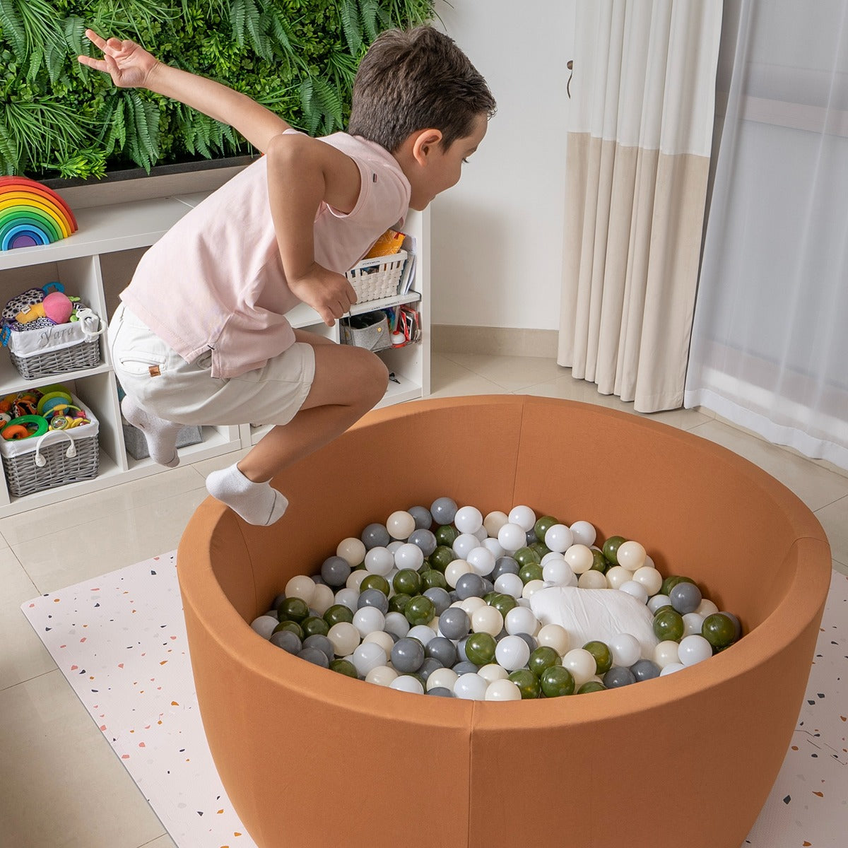 Ezzro Round Ball Pit - Saddle Brown - 100X40 W200 Balls (Pearl, White, Baby Blue, Golden)