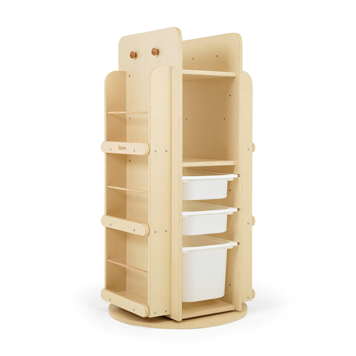 Ezzro Natural Library Rotating Bookshelf and 3 Storage Boxes