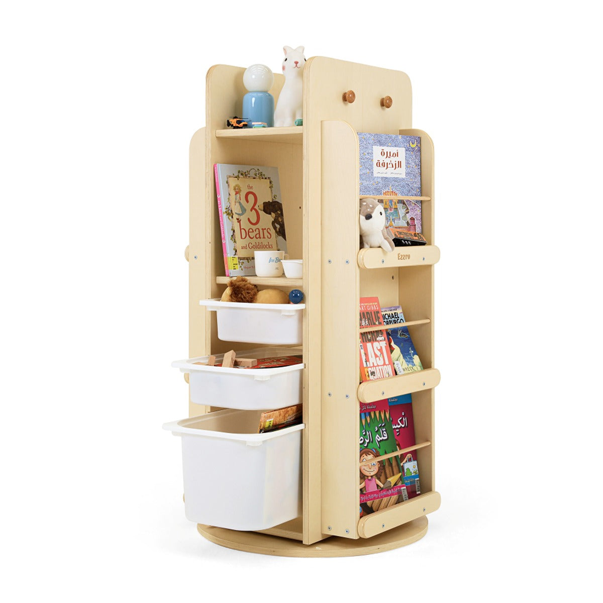 Ezzro Natural Library Rotating Bookshelf and 3 Storage Boxes