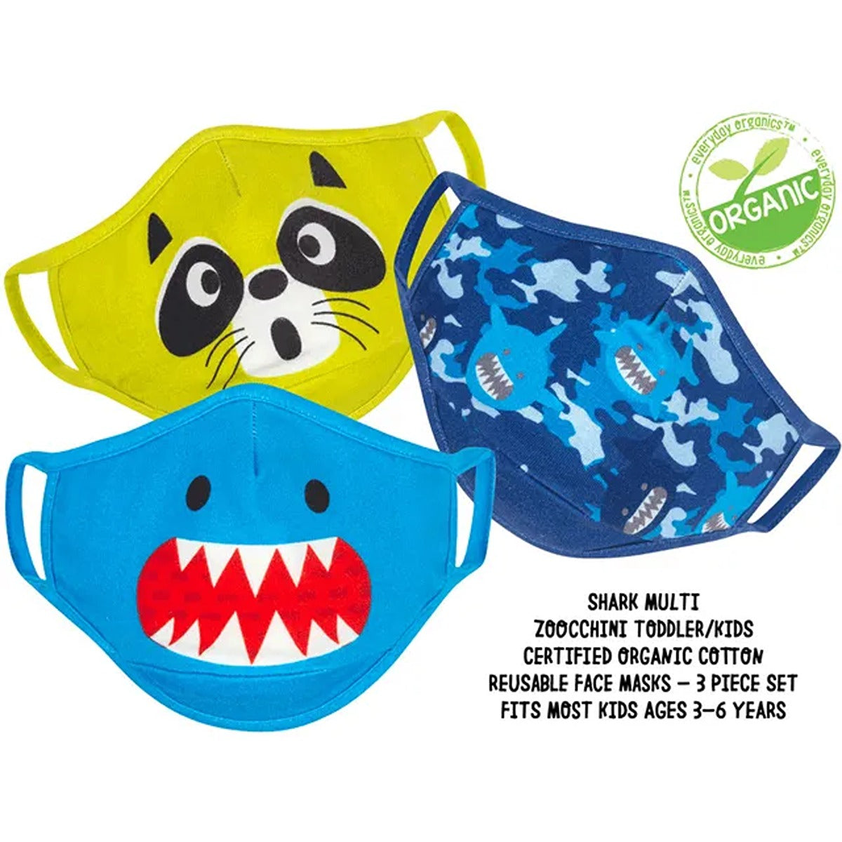 Zoocchini Kids Organic Reusable Cloth Face Masks 3 Pc Set - Shark Multi