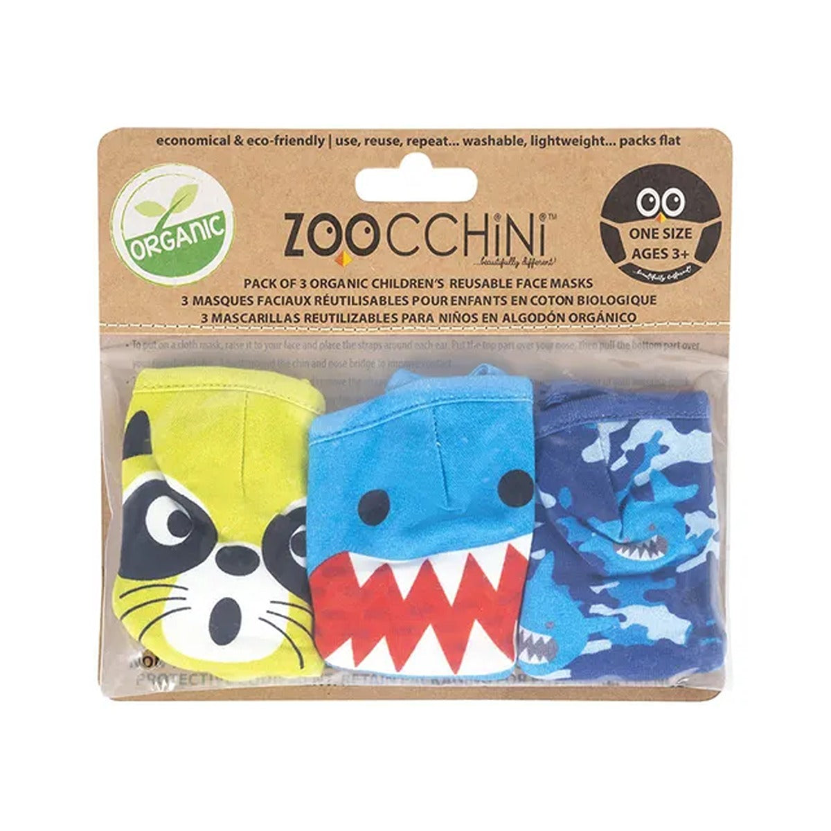 Zoocchini Kids Organic Reusable Cloth Face Masks 3 Pc Set - Shark Multi