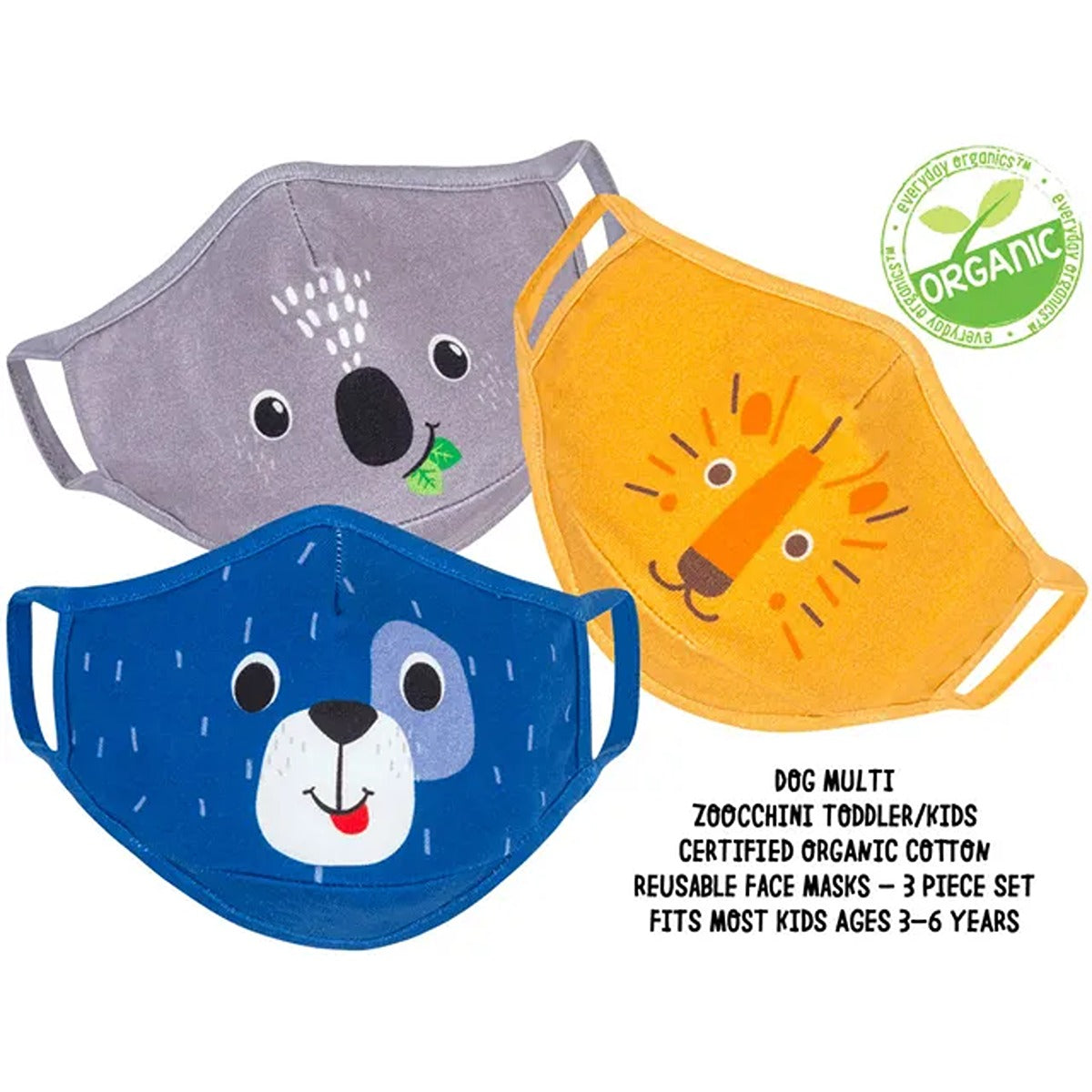 Zoocchini Kids Organic Reusable Cloth Face Masks 3 Pc Set - Dog Multi