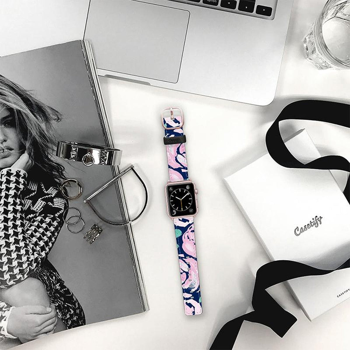 Casetify CASETIFY Apple Watch Band Leather All Series 42mm Aluminum Gold Frame Pink Peonies