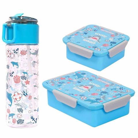 Eazy Kids Eazy Kids - Shark Lunch Box &amp;amp; Water Bottle 450ml W/ Snack Box - Blue