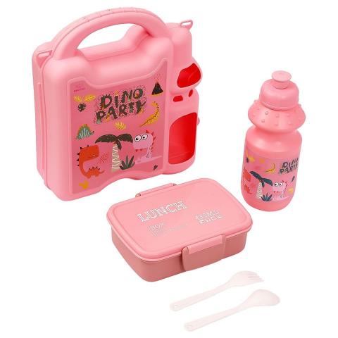Eazy Kids Eazy Kids - Dino Party Lunch Box w/ Bottle - Pink