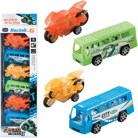 Little Story Little Story Kids Toy Pull Back Bus and Motor Car Set of 6pcs