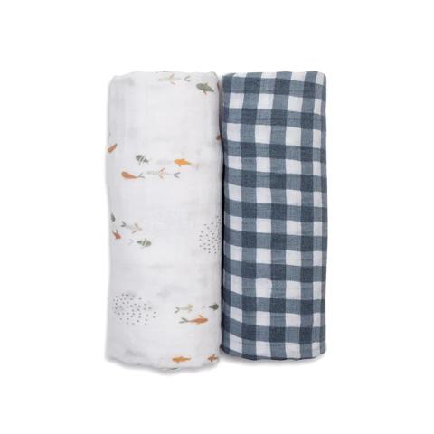 Lulujo 2-pack Cotton Swaddles - Fish / Navy Gingham
