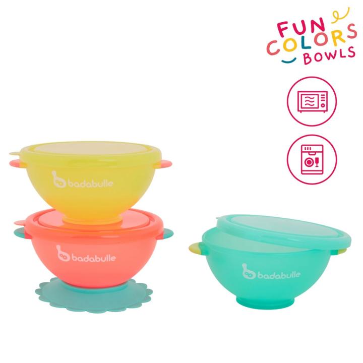 Badabulle - 2 in 1, Bowl &amp; Containers with Lid, Set of 3 Multicolors