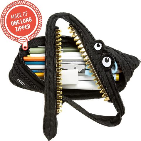 Zipit Grillz Pencil Case for Kids, Holds Up to 30 Pens, Machine Washable, Made of One Long Zipper! (Black)