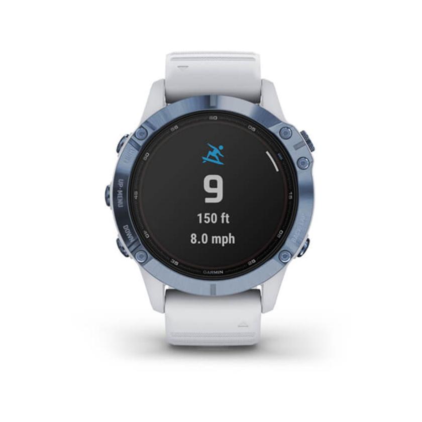 Garmin fenix 6 Pro Solar, Solar-powered Multisport GPS Watch, Advanced Training Features and Data, Mineral Blue with White Band