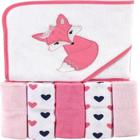 Luvable Friends LUVABLE FRIENDS HOODED TOWELWASHCLOTHS 5PCKNIT TERRY PINK FOX