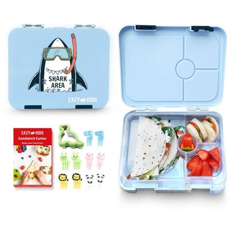Eazy Kids Eazy Kids 4 Compartment Bento Lunch Box w Sandwich Cutter Set Shark Blue