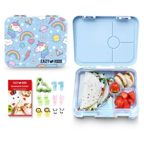 Eazy Kids Eazy Kids 4 Compartment Bento Lunch Box w Sandwich Cutter Set Unicorn Blue