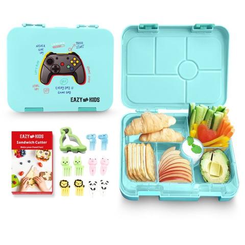 Eazy Kids Eazy Kids 6 Compartment Bento Lunch Box w Sandwich Cutter Set-Playstation Green