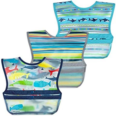 Green Sprouts green sprouts Snap + Go Wipe-off Bibs Waterproof Easy Clean Catch-all Pocket Made without PVC Formaldehyde, Blue Whales, 9-18 Month, 3 Count