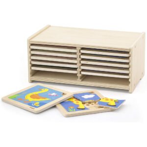 Viga 51424 Wooden Flat Puzzle 12Piece Set with Storage Shelf