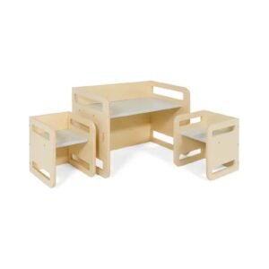 Ezzro Montessori Two chairs And Table Set NaturalLight Grey
