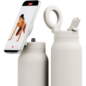 RINGO PRO Water Bottle with Sip Straw Lid Stainless Steel Hydration Bottle w Integrated Magnetic Phone Mount 12Hrs Hot24Hrs Cold BPAFree Works w Phones Tablets Ivory 24Oz 710ml