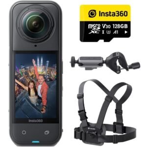 Insta360 X5 Cycling BundleX5 Camera Handlebar Mount Mount Extension Chest Strap 128GB Micro SD Card Adapters Screws AntiSlip Rings for Cyclists Riders Bikers Black