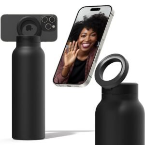 RINGO Water Bottle Free Magnetic Booster Ring Stainless Steel Hydration Bottle w Integrated MagSafe Phone Mount 12Hrs Hot24Hrs Cold BPAFree Works w All Devices Android iOS Black 24Oz