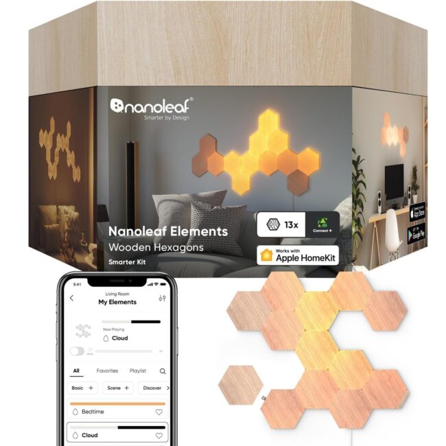 71pkVY5CwDL._AC_SL1500_ Nanoleaf ELEMENTS Hexagons Starter Kit Birchwood Smart WiFi LED Panel System w Music Visualizer Instant Wall Decoration Home or Office Use 16M Colors Low Energy Consumption 13 pack in UAE