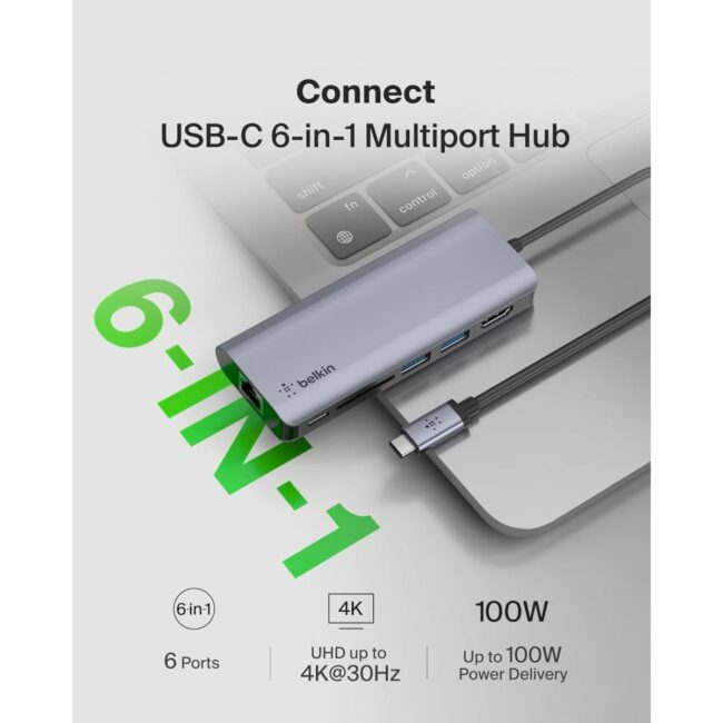 745883819829.2 Belkin CONNECT USBC 6in1 Multiport Hub HDMI 4K Ethernet Port SD Card Slot 100W USBC PD 30 2x USBA 30 5 Gbps Bandwidth for MacBook ProAir iPad Pro other USBC Devices in UAE - view 2