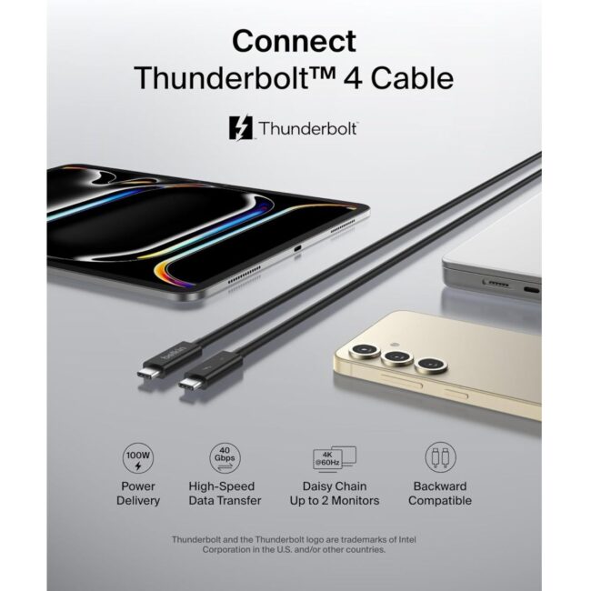 BELKIN Connect Thunderbolt 4 Cable 1M USBC to USBC Ultra HiSpeed 40Gbps Bandwidth Fast Charging 100W PD for MacBooks iPhones iPads and USBC devices Black in UAE - view 2