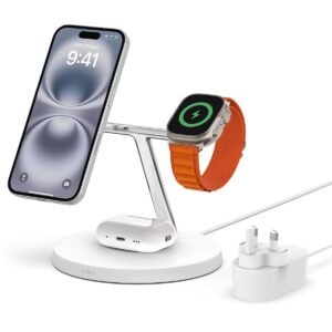 Belkin BOOSTCHARGE PRO 3IN1 Wireless Stand Fast Charger w 15W MagSafe for Apple iPhone 15141312 Pro MaxProPlus Apple Watch Series Ultra SE987654321 AirPodsAirpods Pro White