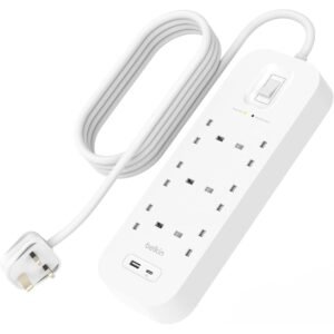 Belkin 6Outlet Surge Protector w Charging Ports 18W 2meters Cable Length 650 Joules Protection PD Fast Charge 1x USBC 1x USBA Heavy Duty Chord w Switch LED Indicator UK 3Pin