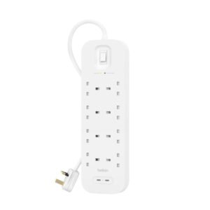 Belkin 8Outlet Surge Protector w Dual USBC Ports 30W 2meters Cable Length 900 Joules Protection PD Fast Charge Heavy Duty Chord w Switch LED Indicator UK 3Pin