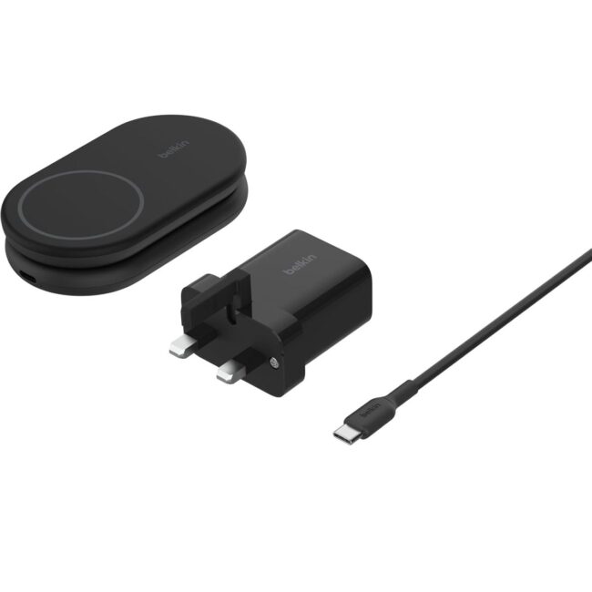 BELKIN BoostCharge Magnetic Foldable Wireless Charger w Qi2 15W PD Fast Charger Adjustable Pad or Stand Mode for iPhone 1615141312 Pro Max Plus S252423 Ultra iOS Android Black in UAE