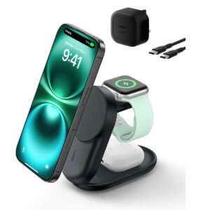 Belkin UltraCharge Pro 3in1 Foldable MagSafe Wireless Charging Dock Qi2 25W Fast Charger for iPhone 1716151413 Apple Watch AirPods with 45W USBC Power Supply Cable Round Form Black