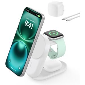 Belkin UltraCharge Pro 3in1 Foldable MagSafe Wireless Charging Dock Qi2 25W Fast Charger for iPhone 1716151413 Apple Watch AirPods with 45W USBC Power Supply Cable Round Form White