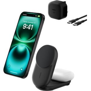 Belkin UltraCharge Pro 3in1 Foldable MagSafe Wireless Charging Dock Qi2 25W Fast Charger for iPhone 1716151413 Apple Watch AirPods with 45W USBC Power Supply Cable Square Form Black