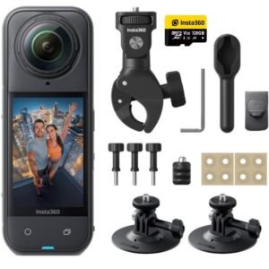 Insta360 X5 Motorcycle Bundle 15M Waterproof 8K 360 Action Camera Dual 1128 Sensor Low Light Capture Wind Guard Replaceable Lens 185 Mins Battery Life AI Editing Auto Stabilization Black