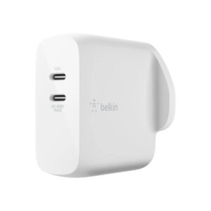Belkin BOOSTCHARGE Dual USBC PD GAN Wall Charger Powerful 63W PD Dual Port for Macbook Pro iPad Pro 11129 iPhone 1111 Pro11 ProMaxXXS Max88 SE Google Samsung Huawei UK Plug White