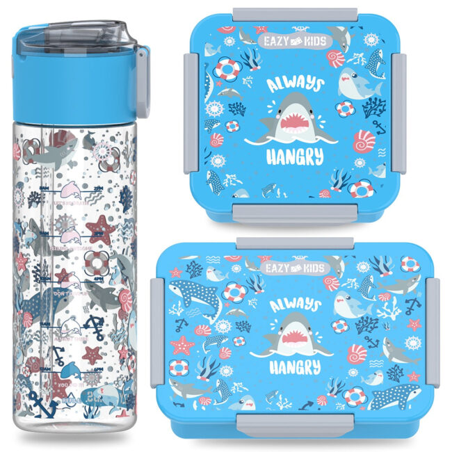 8491309887.jpg Eazy Kids Lunch Box Set and Tritan Water Bottle w/ Snack Box, Shark – Blue, 450ml in UAE