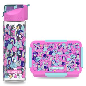 Eazy Kids Lunch Box Set and Tritan Water Bottle w/ 2in1 drinking, Flip lid and Sipper, Unicorn  - Pink, 650ml