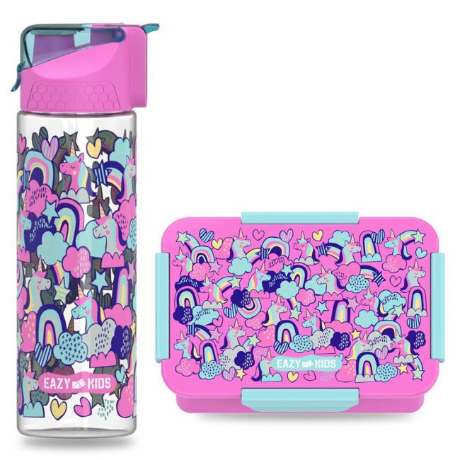 9053155407.jpg Eazy Kids Lunch Box Set and Tritan Water Bottle w/ 2in1 drinking, Flip lid and Sipper, Unicorn – Pink, 650ml in UAE
