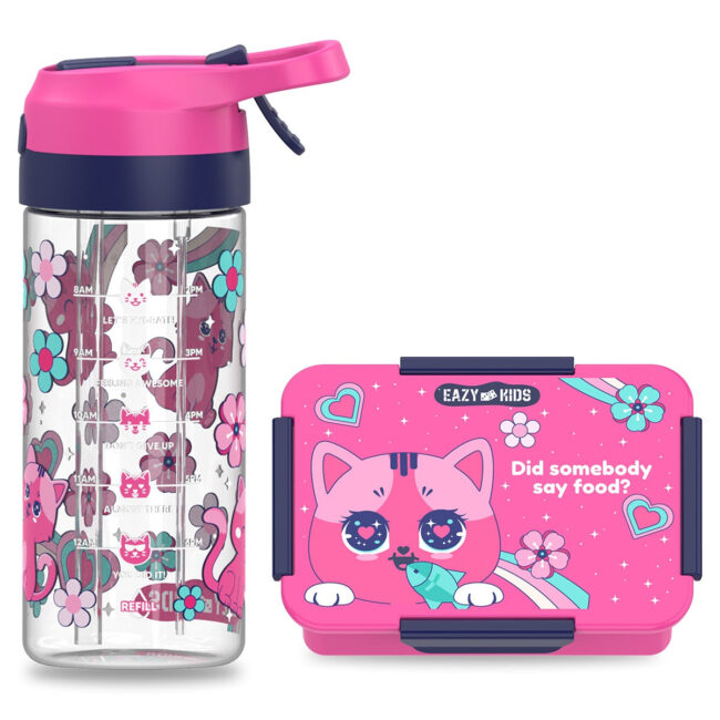 962945948.jpg Eazy Kids Lunch Box Set and Tritan Water Bottle w/ Spray, Cat – Pink, 420ml in UAE