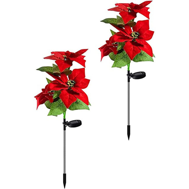 Generic 2pcs Solar Simulation Flower Solar LED Light Night Lamp Landscape Home Decoration Flowers Solar Garden Lights Christmas Cross Stake Lights with Faux Poinsettia for Lawn Patio Pathway Yard Walkway in UAE