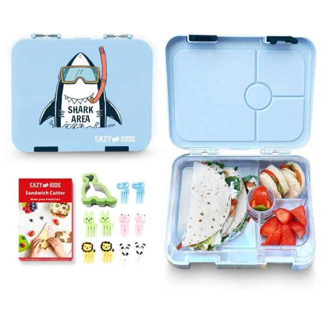 Eazy Kids Eazy Kids 4 Compartment Bento Lunch Box w Sandwich Cutter Set Shark Blue in UAE