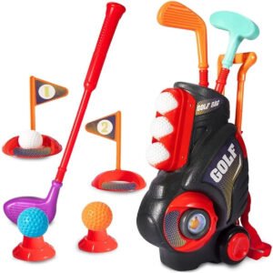 Little Story Little Story Kids Golf Kit w Mobility Cart 3 Golf Clubs 6 Golf Balls 2 Base 2 Flag 2 Practice Holes