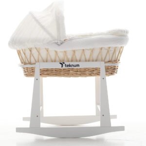 Teknum Teknum Infant Wicker Moses Basket with White Waffle Beddings White Rocker Stand Wooden Brown
