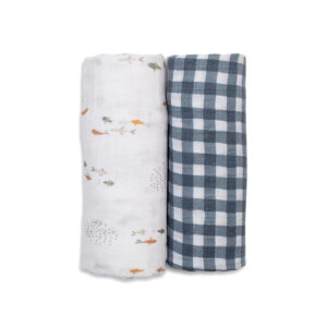 Lulujo 2-pack Cotton Swaddles – Fish / Navy Gingham in UAE