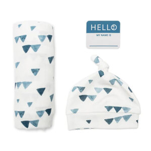 Lulujo Hello World Set (Bamboo Hat + Swaddle blanket) – Triangle Blue in UAE