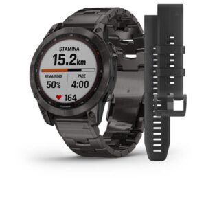 Garmin Fenix 7 – Sapphire Solar Edition, Carbon Grey Dlc Titanium With Carbon Grey Dlc Vented Titanium Band And Black Silicone Band