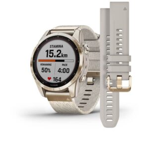 Garmin Fenix 7S – Sapphire Solar Edition, Cream Gold Titanium With Cream Heathered Nylon Band And Light Sand Silicone Band